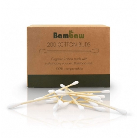 BAMBAW Patyczki do czyszczenia uszu, bambusowe z bawełną organiczną, biodegradowalne, 200 szt.